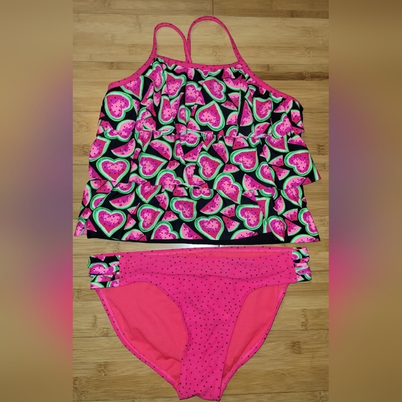 Wonder Nation Girls Size XL 14/16 Black Pink Watermelon Print Tankini Swim Suit - Picture 1 of 2